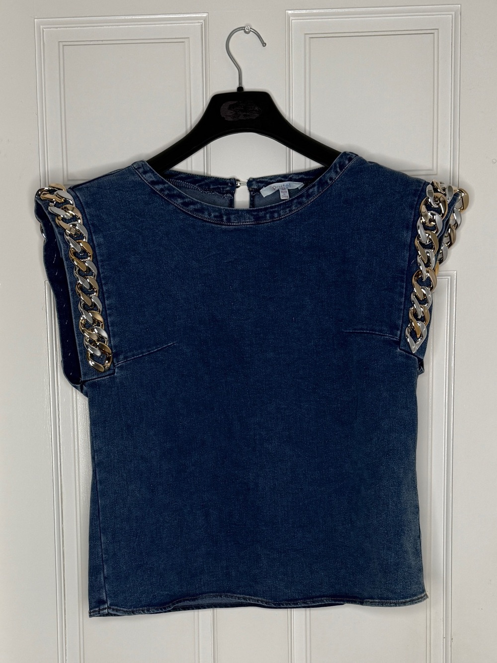 Pastels Denim and Chain Sleeveless Top - Blue with Gold Stitching